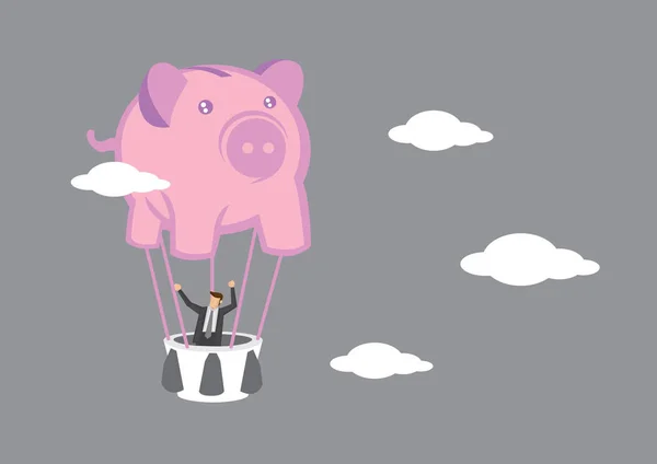 Businessman Riding Hot Air Balloon Shape Pig Piggy Bank Creative — Stock Vector