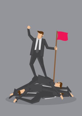Businessman standing on a pile of dead bodies and holding a flag and fist up in air in victory. Conceptual vector illustration for rising to the top by being ruthless isolated on grey background. clipart
