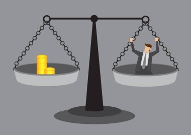 İşadamı ve ışın ölçek Dengeleme altın sikke. Ek insan kaynakları için faydaları ve maliyetleri tartmak için kavramsal vektör çizim.
