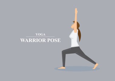 Hava ve bir diz bükülmüş kadar profil görünümü yoga savaşçı poz her iki kollu sportif kadınların uzanıyordu. Vektör illüstrasyon izole düz gri arka plan üzerinde