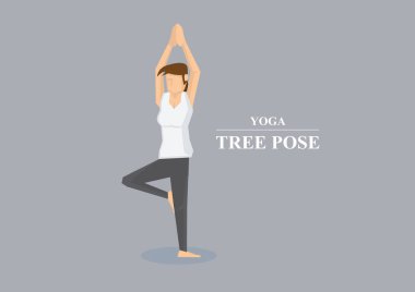 Sportif kadın her iki kol ve bir bacak Dengeleme ile birlikte basıldığında el havada uzanmış. Vektör çizim yoga ağacında poz izole üzerinde düz gri arka plan.