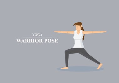 Vektör çizim yoga savaşçı poz her iki kollu sportif kadınların yanına uzanmış ve izole üzerinde düz gri arka plan bir diz bükülmüş.