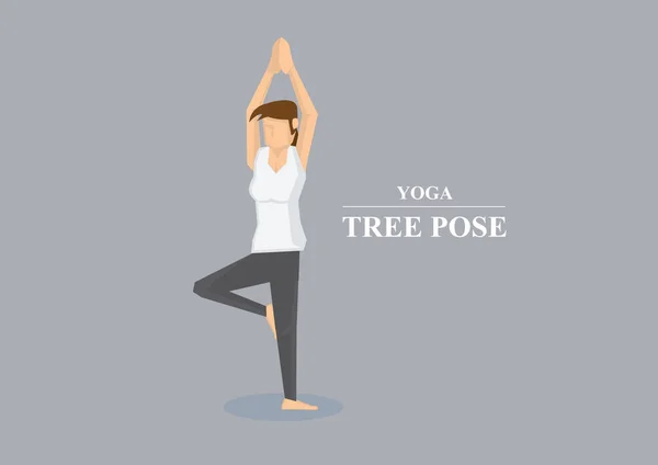 运动中的妇女在一条腿上平衡 双臂在空中伸展 双手按在一起 纯灰色背景下瑜伽树姿态的矢量图解 — 图库矢量图片