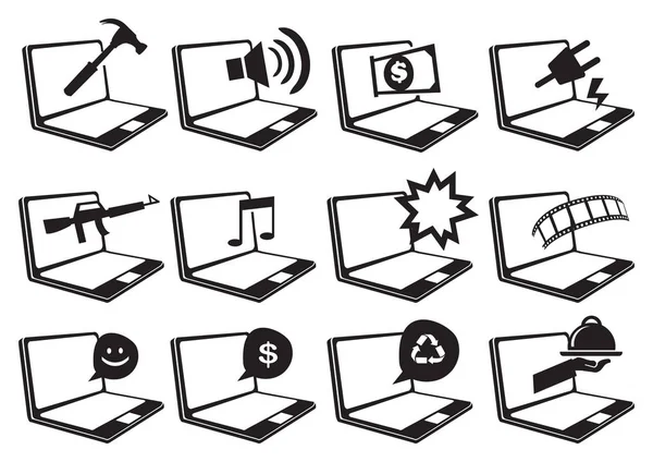 Iconos Vectoriales Blanco Negro Computadoras Portátiles Con Diferentes Símbolos Conceptuales — Archivo Imágenes Vectoriales