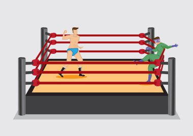 Kostüm giymiş güreşçi, rakip bir yumruk aldıktan sonra halka güreş ip üzerinde geri düşmek. Güreş spor eğlence endüstrisi üzerinde vektör çizim.