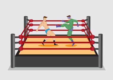 Eğlence güreşçi yeşil kostüm ve maskesi giymiş bir yüksek tekme rakibi sunar. Güreş spor eğlence endüstrisi üzerinde vektör çizim.