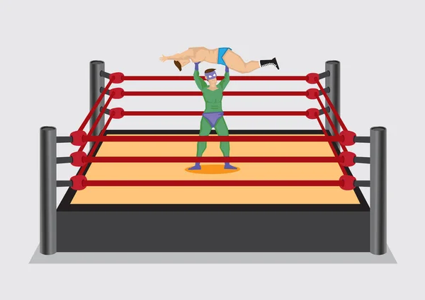 Wrestler Superhero Costume Lifts Opponent Wrestling Ring Vector Cartoon Illustration — Stock Vector