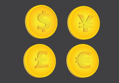 Dört vektör çizimler altın kümesi dolar, yen, Lirası ve euro para birimi ile biraz eğik pozisyonda siyah arka plan üzerine izole sembolleri paralar.