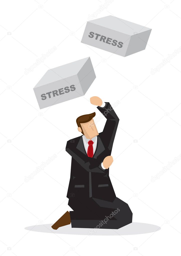 Bricks with a title stress falling down on injured businessman. Concept of misfortune, sabotage or crisis happening on the corporate world. Vector illustration.