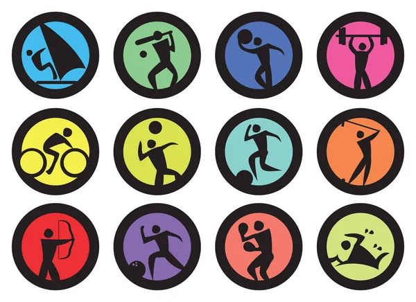 Kulaté Odznaky Lidmi Dělá Sportovní Rekreační Aktivity Designu Vektorové Ikony — Stockový vektor
