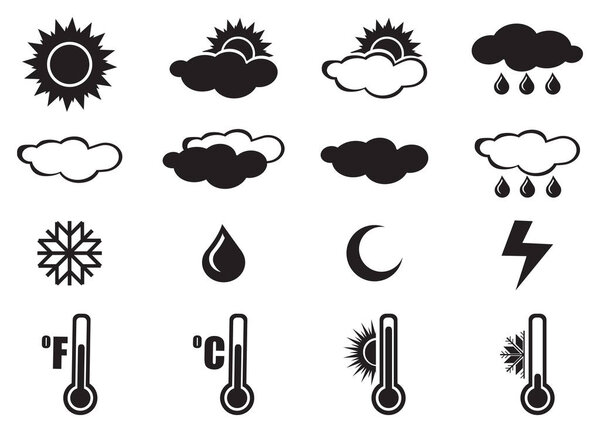 Set of vector illustrations of natural elements and objects for weather and meteorology icons isolated on white background.