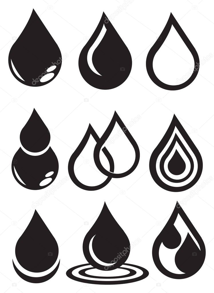 Set of nine designs of water symbol isolated on white background.
