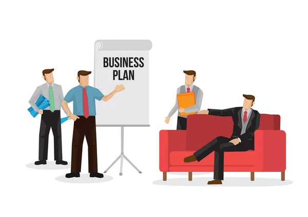 Illustration of corporate business team selling their business plan. Business concept of startup pitching for funding. Vector illustration.
