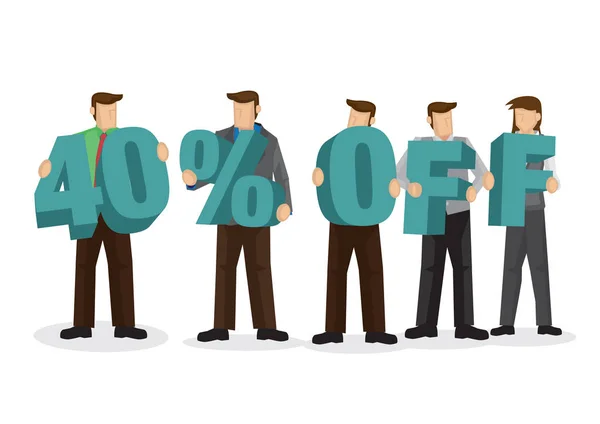 Group of business people holding giant alphabet to form 40 percentage off. Concept of promotion, teamwork or discount. Cartoon isolated vector illustration.