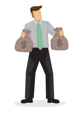 İş adamı iki Çantalar dolusu para dolar işareti olan tutar. Beyaz arka plan üzerinde izole.