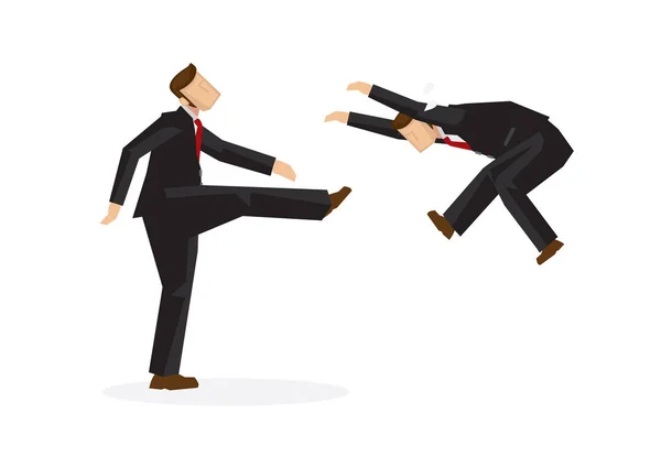 Mean Businessman Kicks Another Businessman Away Concept Attacking Competitors Firing — Stock Vector