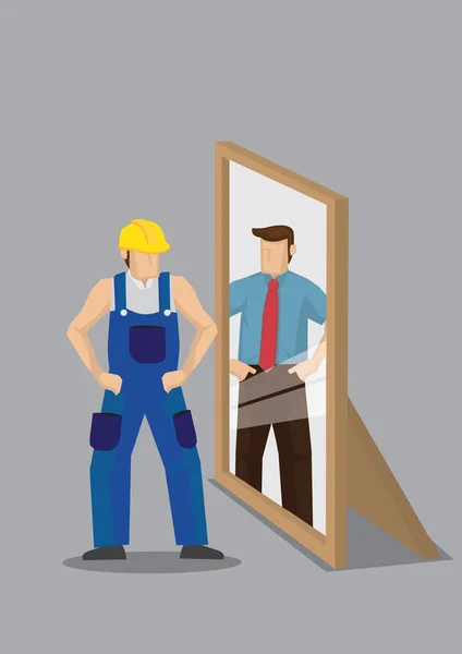 Blue Collar Lavoratore Trova Fronte Allo Specchio Vede Come Professionista — Vettoriale Stock