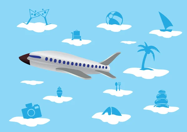 Avión volador con iconos de vacaciones en nubes Vector Illustratio — Vector de stock
