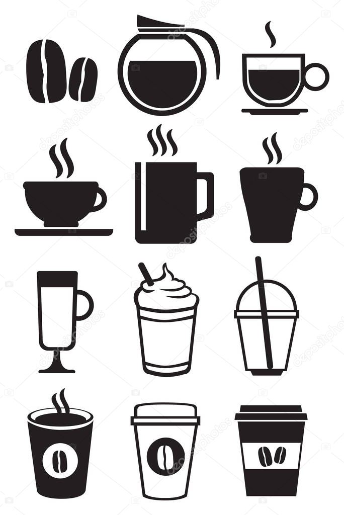 Black and White Coffee Beverages Vector Icon Set