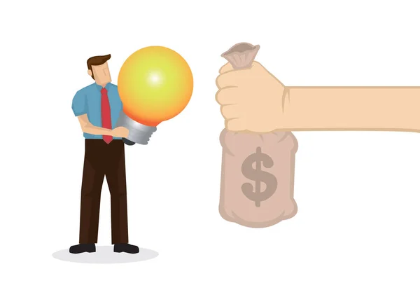 Giant hand håller pengar exchange med en affärsman som innehar en lig — Stock vektor