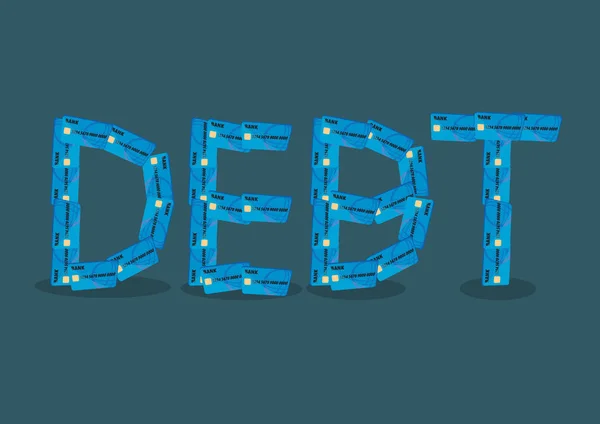 Tekst schuld gevormd door creditcards Cartoon vectorillustratie — Stockvector