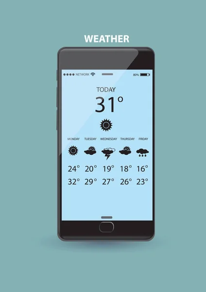 スマートフォン上の天気アプリケーション — ストックベクタ