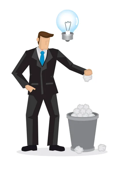 Karikatür işadamı bir unl ile ofis çöp kutusuna kağıtları atmak — Stok Vektör