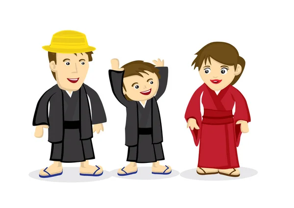 Японская семья из трех человек в кимоно и юкате. Мальчик это Хапп. — стоковый вектор