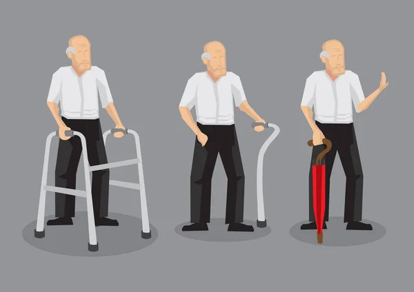 Bald Old Man dengan Walking Aid Vector Karakter Kartun Illustrat - Stok Vektor