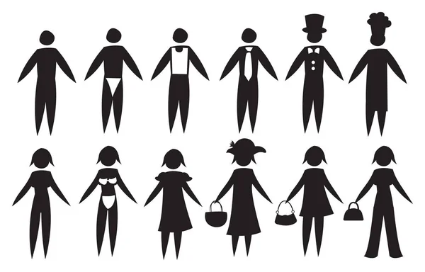 Ícone preto homens e mulheres em roupas diferentes — Vetor de Stock