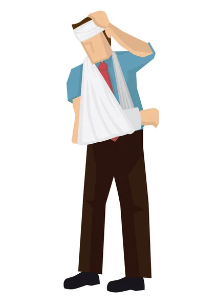 Badly injured cartoon business character in tie with a broken ar — Stock Vector