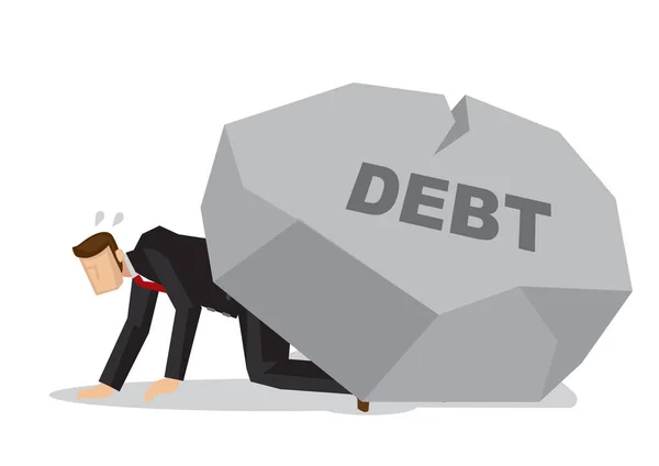 Tired businessman under a giant rock title debt. Corporate busin — Stock Vector