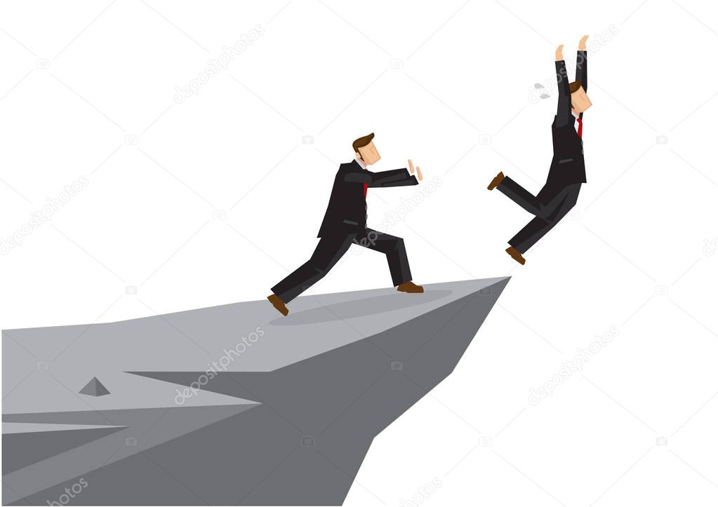 Business man pushing his competitor off the cliff. Concept of co