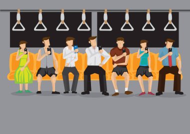 Metro Commuters Cep Telefonu Vektör İllüstrasyon ile meşgul 