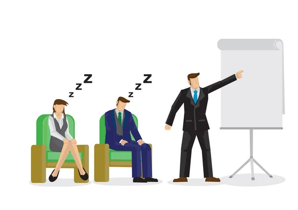 Két álmos és unatkozó munkavállalók egy üzleti beszélő presentati — Stock Vector
