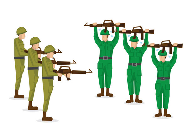 Military soldiers in green uniform surrender in a battle. Vector