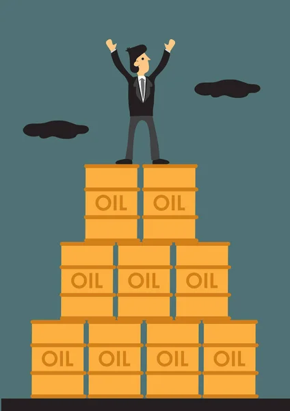 Homme d'affaires debout sur le dessus de la pile de barils de pétrole Cartoon Vect — Image vectorielle