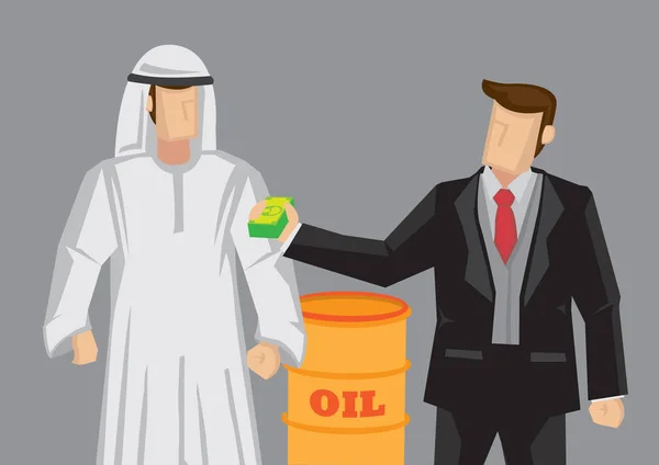 Homme d'affaires donnant de l'argent arabe homme pour le pétrole dessin animé conceptuel Vec — Image vectorielle