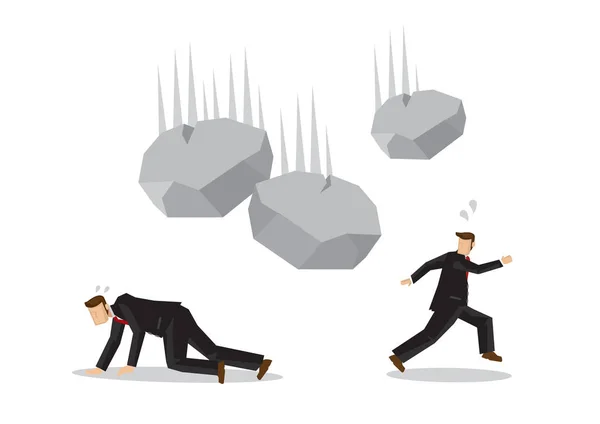 Empresarios huyendo de las rocas que caen. Concepto de crisis h — Vector de stock