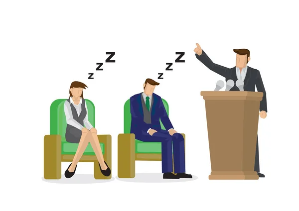 Due dipendenti assonnati e annoiati in un'azienda che parla di presentazioni — Vettoriale Stock
