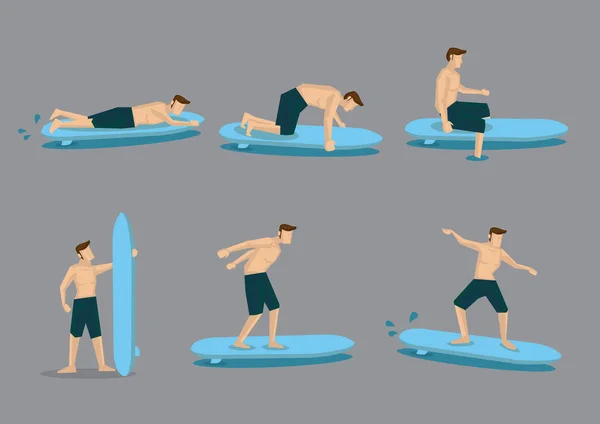 Sporty Young Man aprende surf con Surfboad — Vector de stock