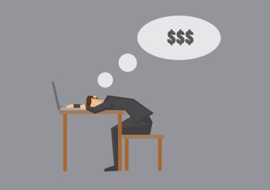 Falling Asleep ve Para Vektör Karikatür İllüstrasyon Dreaming