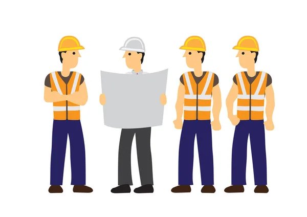 Foreman informa a sus trabajadores de la construcción sobre su trabajo. Concepto — Vector de stock