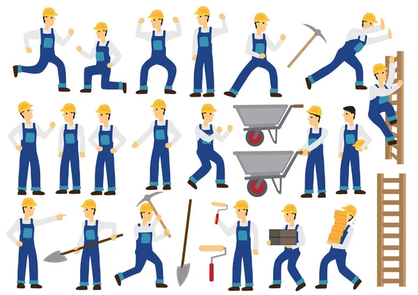 Construction worker character with different action and poses. — Stock Vector