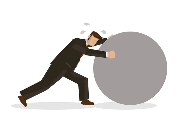 Businessman in suit pushing a giant rock. Concept of hardworking — Stock Vector