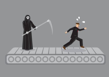 Grim tarafından Ölüm Kaçış Çalışıyor Koşu Bandı üzerinde Çalışan Karikatür Adam 