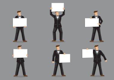 Siyah Takım elbise ve Papyon Tutan İşaret vektör karikatür adam 