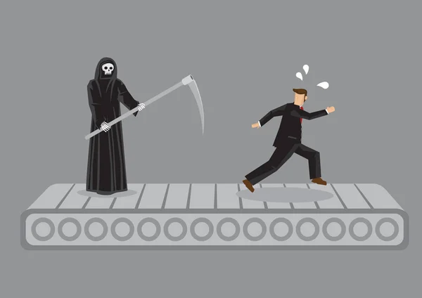 Uomo dei cartoni animati che corre sul tapis roulant cercando di sfuggire alla morte da Grim — Vettoriale Stock
