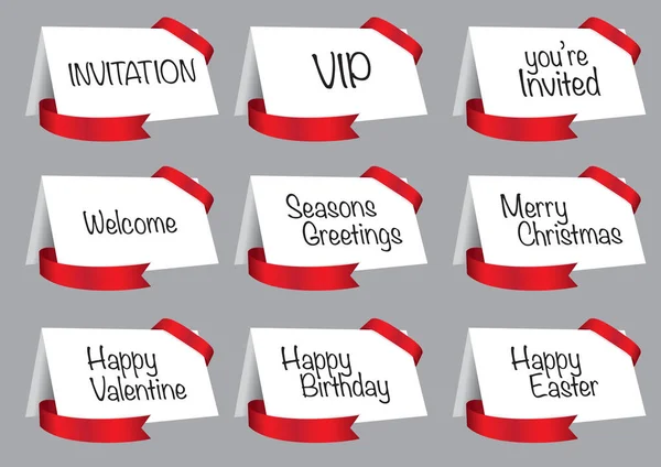 Tarjetas de felicitación e invitación blancas con vector de cinta roja — Vector de stock