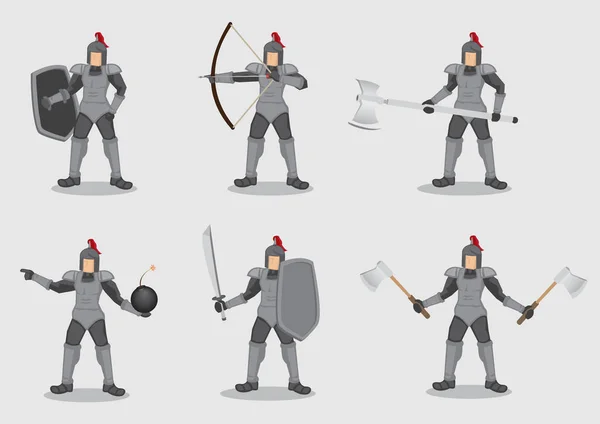 Knight Warrior în costum Amour cu set de caractere vectoriale cu arme — Vector de stoc